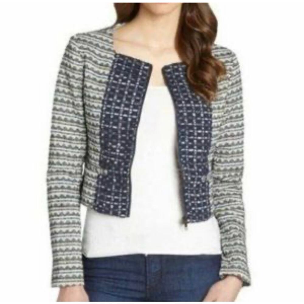 Anthropologie Greylin Crop Jacket Womens Small Textured Full Zip Lined Blue Gray